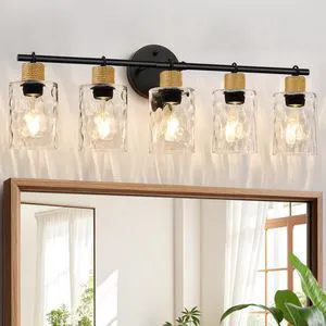 Bathroom Light Fixtures, 5-Light Coastal Vanity Lights with Crystal Glass Shade, Black Bathroom Wall Lamp for Mirror Kitchen Hallway Cabinet Bathroom Light Fixtures, 5-Light Coastal Vanity Lights with Crystal Glass Shade, Black Bathroom Wall Lamp for Mirror Kitchen Hallway Cabinet