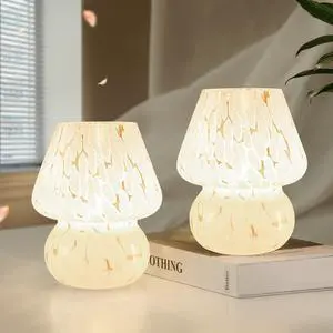 Cute Mushroom Lamp Small Bedside Table Lamp Set of 2 Stepless Dimmable, Translucent Glass White Nightstand Lamp for Bedroom Dorm Kids Room Living Kitchen, Murano Aesthetic Home Decor Cute Mushroom Lamp Small Bedside Table Lamp Set of 2 Stepless Dimmable, Translucent Glass White Nightstand Lamp for Bedroom Dorm Kids Room Living Kitchen, Murano Aesthetic Home Decor