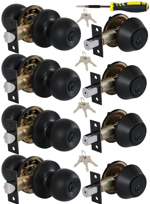 (4 Sets) All Keyed Same Entry Knobs&Single Cylinder Deadbolt for Exterior Front Doors, Round Ball Matte Black Finish Entry Door Lock with Same Keys (4 Sets) All Keyed Same Entry Knobs&Single Cylinder Deadbolt for Exterior Front Doors, Round Ball Matte Black Finish Entry Door Lock with Same Keys