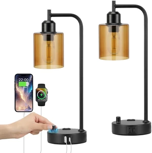 Industrial Bedside Lamps for Nightstand Set of 2 - Fully Dimmable Bedroom Lamps with USB A C Ports and Outlet, Black Table Lamps with Amber Glass Shade for Living Room, Desk Lamps for Office Reading Industrial Bedside Lamps for Nightstand Set of 2 - Fully Dimmable Bedroom Lamps with USB A C Ports and Outlet, Black Table Lamps with Amber Glass Shade for Living Room, Desk Lamps for Office Reading