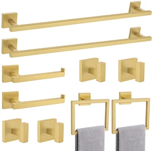 Brushed Gold Bathroom Hardware Accessories Set 10 Pieces, 23.6" SUS304 Stainless Steel Towel Bar Set Wall Mounted Includes Single Towel Bar, Towel Ring, Toilet Paper Holder, Double Towel Hooks Brushed Gold Bathroom Hardware Accessories Set 10 Pieces, 23.6" SUS304 Stainless Steel Towel Bar Set Wall Mounted Includes Single Towel Bar, Towel Ring, Toilet Paper Holder, Double Towel Hooks