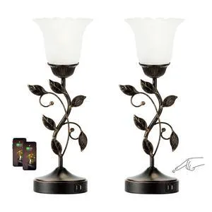 Set of 2 Touch Bedside Vintage Lamps with 2 USB C+A 3-Way Dimmable Flower Lamps, White Glass Shade Rustic Leaf Lamp for Bedroom Side Table, LED Bulb Included Set of 2 Touch Bedside Vintage Lamps with 2 USB C+A 3-Way Dimmable Flower Lamps, White Glass Shade Rustic Leaf Lamp for Bedroom Side Table, LED Bulb Included