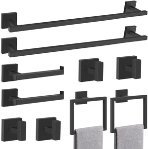 Matte Black Bathroom Hardware Accessories Set 10 Pieces, 23.6" SUS304 Stainless Steel Towel Bar Set Wall Mounted Includes Single Towel Bar, Towel Ring, Toilet Paper Holder, Double Towel Hooks Matte Black Bathroom Hardware Accessories Set 10 Pieces, 23.6" SUS304 Stainless Steel Towel Bar Set Wall Mounted Includes Single Towel Bar, Towel Ring, Toilet Paper Holder, Double Towel Hooks