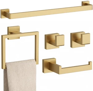 5-Piece Brushed Gold Bathroom Accessories Set 23.6 Inch Towel Bar Set. SUS 304 Stainless Steel Bathroom Hardware Set Towel Racks for Bathroom, Robe Towel Hooks, Toilet Paper Holder Wall Mounted 5-Piece Brushed Gold Bathroom Accessories Set 23.6 Inch Towel Bar Set. SUS 304 Stainless Steel Bathroom Hardware Set Towel Racks for Bathroom, Robe Towel Hooks, Toilet Paper Holder Wall Mounted