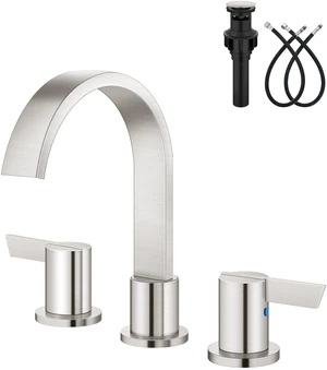 Brushed Nickel 3 Hole Bathroom Faucet,8" Widespread Vanity Faucet 2 Handle Waterfall Bathroom Sink Faucet with Pop-Up Drain,Supply Lines,360° Swivel Spout,Lead-Free Stainless Steel,Deck Mount Brushed Nickel 3 Hole Bathroom Faucet,8" Widespread Vanity Faucet 2 Handle Waterfall Bathroom Sink Faucet with Pop-Up Drain,Supply Lines,360° Swivel Spout,Lead-Free Stainless Steel,Deck Mount