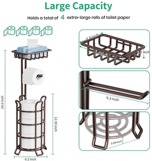 Toilet Paper Holder Free Standing with Shelf, Stable 4 Raised Feet Stores 4 Mega Rolls, Tool-Free Assembly, Powder-Coated Metal Frame, Bathroom Storage Organizer for Spare Rolls, Bronze Toilet Paper Holder Free Standing with Shelf, Stable 4 Raised Feet Stores 4 Mega Rolls, Tool-Free Assembly, Powder-Coated Metal Frame, Bathroom Storage Organizer for Spare Rolls, Bronze