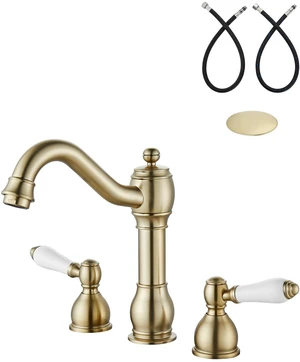 Widespread Bathroom Sink Faucet 3 Hole White Lever Brushed Gold Vintage 8 Inch Brass Sink Faucet,2 Ceramic Handle,Pop Up Drain,cUPC Hose,for 6-16Centerset Basin,Farmhouse,RV,Vanity Widespread Bathroom Sink Faucet 3 Hole White Lever Brushed Gold Vintage 8 Inch Brass Sink Faucet,2 Ceramic Handle,Pop Up Drain,cUPC Hose,for 6-16Centerset Basin,Farmhouse,RV,Vanity