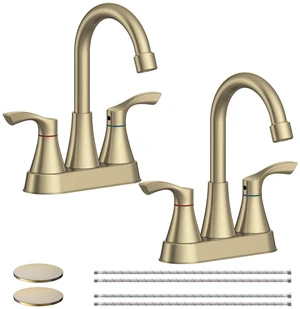 2 Pack Brushed Gold Bathroom Faucet 3 Hole 4 Inch Bathroom Sink Faucets Stainless Steel 2 Handle Centerset Faucet for Bathroom Sink Vanity with Pop Up Drain and 4 Supply Hoses by 2 Pack Brushed Gold Bathroom Faucet 3 Hole 4 Inch Bathroom Sink Faucets Stainless Steel 2 Handle Centerset Faucet for Bathroom Sink Vanity with Pop Up Drain and 4 Supply Hoses by