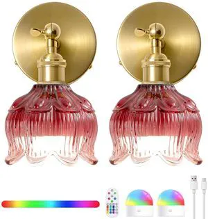 Vintage Battery Operated Wall Sconce: Set of 2 Red Flower Powered Sconces 5000mAh Rose Glass Cordless Mounted Lighting, Rechargeable Dimmable Traditional Wireless Light Remote Control for Bedroom Vintage Battery Operated Wall Sconce: Set of 2 Red Flower Powered Sconces 5000mAh Rose Glass Cordless Mounted Lighting, Rechargeable Dimmable Traditional Wireless Light Remote Control for Bedroom