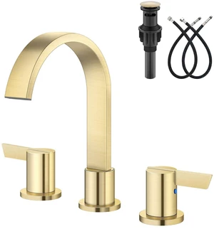 Brushed Gold 3 Hole Bathroom Faucet,8" Widespread Vanity Faucet 2 Handle Waterfall Bathroom Sink Faucet with Pop-Up Drain,Supply Lines,360° Swivel Spout,Lead-Free Stainless Steel,Deck Mount Brushed Gold 3 Hole Bathroom Faucet,8" Widespread Vanity Faucet 2 Handle Waterfall Bathroom Sink Faucet with Pop-Up Drain,Supply Lines,360° Swivel Spout,Lead-Free Stainless Steel,Deck Mount