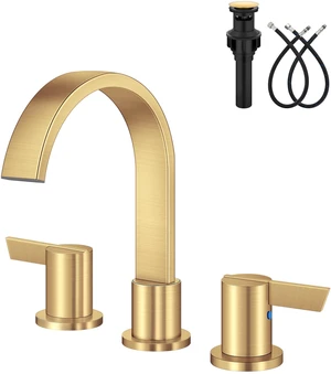 Gold 3 Hole Bathroom Faucet,8" Widespread Vanity Faucet 2 Handle Waterfall Bathroom Sink Faucet with Pop-Up Drain,Supply Lines,360° Swivel Spout,Lead-Free Stainless Steel,Deck Mount Gold 3 Hole Bathroom Faucet,8" Widespread Vanity Faucet 2 Handle Waterfall Bathroom Sink Faucet with Pop-Up Drain,Supply Lines,360° Swivel Spout,Lead-Free Stainless Steel,Deck Mount