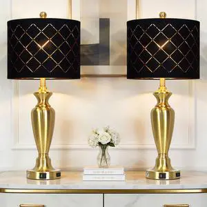 30" Tall Gold Table Lamps Set of 2 for Living Room & Bedroom Touch Control, USB-A & USB-C Charging Ports and AC Outlet, 3-Way Dimmable, Black Grid Lampshade, 2 LED Bulbs Included 30" Tall Gold Table Lamps Set of 2 for Living Room & Bedroom Touch Control, USB-A & USB-C Charging Ports and AC Outlet, 3-Way Dimmable, Black Grid Lampshade, 2 LED Bulbs Included