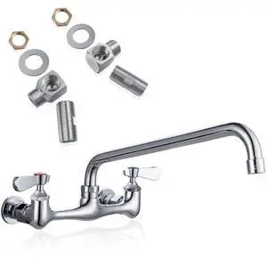 8" Center Wall Mount Commercial Kitchen Sink Faucet with 12" Spout Brass Construction with Chrome Finish, 1.8 GPM Stainless Swivel Spout, Leak-Free Washerless Ceramic Cartridge Valve, 1/2" NPT 8" Center Wall Mount Commercial Kitchen Sink Faucet with 12" Spout Brass Construction with Chrome Finish, 1.8 GPM Stainless Swivel Spout, Leak-Free Washerless Ceramic Cartridge Valve, 1/2" NPT
