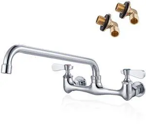 8" Center Wall Mount Commercial Kitchen Sink Faucet 12" Swivel Spout 2 Hole Solid Brass 3 Compartment Sink Faucet, Ceramic Cartridg, 1.8 GPM Swivel Spout, 1/2" NPT, Includes 90 Degree Adapters 8" Center Wall Mount Commercial Kitchen Sink Faucet 12" Swivel Spout 2 Hole Solid Brass 3 Compartment Sink Faucet, Ceramic Cartridg, 1.8 GPM Swivel Spout, 1/2" NPT, Includes 90 Degree Adapters