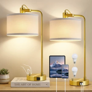 Gold Table Lamp Set of 2, USB A+C, 180° Adjustable Bedside Lamps, Dimmable Bare Bulb Compatible, Industrial Nightstand Lamp with Linen Lampshade, LED Bulbs Included, Desk Lamp for Bedroom, Living Room Gold Table Lamp Set of 2, USB A+C, 180° Adjustable Bedside Lamps, Dimmable Bare Bulb Compatible, Industrial Nightstand Lamp with Linen Lampshade, LED Bulbs Included, Desk Lamp for Bedroom, Living Room