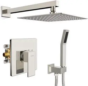 Shower System 10-Inch Rainfall Shower Head Brushed Nickel Wall-Mounted Shower Faucet Set with Handle Solid Brass Valve and Trim Kit Included for a Complete Bathroom Installation Shower System 10-Inch Rainfall Shower Head Brushed Nickel Wall-Mounted Shower Faucet Set with Handle Solid Brass Valve and Trim Kit Included for a Complete Bathroom Installation