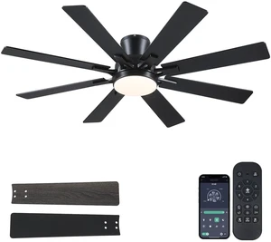 52 Inch Ceiling Fans with Lights Flush Mount Indoor Outdoor Black Modern Low Profile Ceiling Fan with Remote/APP for Bedroom Living Room, Quiet DC Motor, Dimmable, 8 Dual-finish Wood Blades 52 Inch Ceiling Fans with Lights Flush Mount Indoor Outdoor Black Modern Low Profile Ceiling Fan with Remote/APP for Bedroom Living Room, Quiet DC Motor, Dimmable, 8 Dual-finish Wood Blades