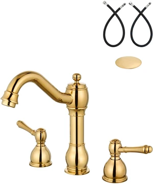 Widespread Bathroom Sink Faucet 3 Hole Metal Lever Polish Gold Vintage Brass Sink Faucet,2 Handle,Pop Up Drain,cUPC Hose,for 8 Inch,6-16Centerset Basin,Farmhouse,RV,Vanity,Lavatory Widespread Bathroom Sink Faucet 3 Hole Metal Lever Polish Gold Vintage Brass Sink Faucet,2 Handle,Pop Up Drain,cUPC Hose,for 8 Inch,6-16Centerset Basin,Farmhouse,RV,Vanity,Lavatory