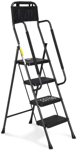 Step Ladder with Handrails, 4 Step Ladder with Attachable Tool Bag Anti-Slip Wide Pedal for Home Kitchen Pantry Office, Black Step Ladder with Handrails, 4 Step Ladder with Attachable Tool Bag Anti-Slip Wide Pedal for Home Kitchen Pantry Office, Black