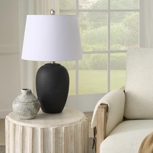 Home 23" Black Vintage Distressed Ceramic Pot Table Lamp for Bedroom, Living Room, End Table, with White Tapered Drum Shade Home 23" Black Vintage Distressed Ceramic Pot Table Lamp for Bedroom, Living Room, End Table, with White Tapered Drum Shade