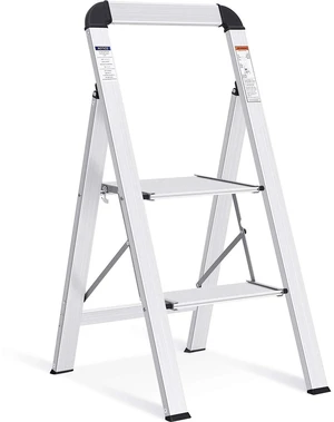 Aluminium 2 Step Ladder, Lightweight Step Stool with Non-Slip Pedals, Handrail, 330LBS Foldable Step Ladder for Kitchen, Garage, Home, Space Saving, Sturdy and Portable, Silver Aluminium 2 Step Ladder, Lightweight Step Stool with Non-Slip Pedals, Handrail, 330LBS Foldable Step Ladder for Kitchen, Garage, Home, Space Saving, Sturdy and Portable, Silver