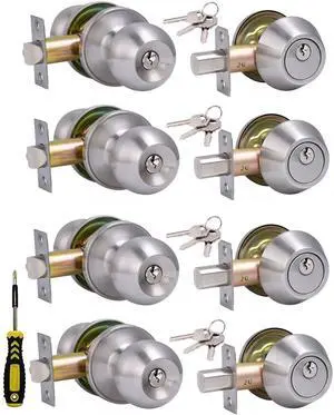 (4 Sets) All Keyed Same Entry Door Knob and Single Cylinder Deadbolt Combo Set, Satin Nickel Exterior Door Knobs with Lock and Keys for Entrance and Front Door (4 Sets) All Keyed Same Entry Door Knob and Single Cylinder Deadbolt Combo Set, Satin Nickel Exterior Door Knobs with Lock and Keys for Entrance and Front Door