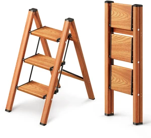 3 Step Ladder, Foldable Aluminum Step Stool with Anti-Slip Pedal Lightweight yet Sturdy, Portable, Non Slip Feet, 300Lbs Capacity, Elegant Look, for Kitchen, Closet, Pantry, Woodgrain 3 Step Ladder, Foldable Aluminum Step Stool with Anti-Slip Pedal Lightweight yet Sturdy, Portable, Non Slip Feet, 300Lbs Capacity, Elegant Look, for Kitchen, Closet, Pantry, Woodgrain