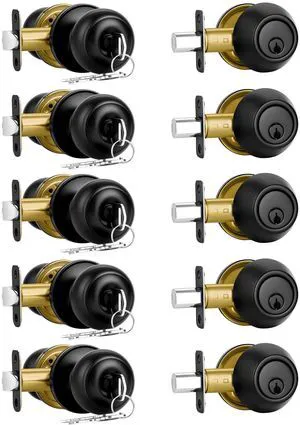 5 Pack Front Door Lock Set Matte Black,Exterior Door Lock Set with Deadbolt,Single Cylinder Deadbolt Lock and Door Knob Set,Keyed Alike Door Knobs with Lock&Keys,Round Ball Entry Door Lockset 5 Pack Front Door Lock Set Matte Black,Exterior Door Lock Set with Deadbolt,Single Cylinder Deadbolt Lock and Door Knob Set,Keyed Alike Door Knobs with Lock&Keys,Round Ball Entry Door Lockset