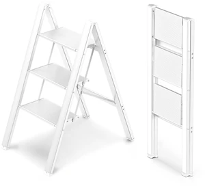 3 Step Ladder, Foldable Step Stool, 300lbs Load, White Folded 35''H x 2''T; Net 8 lbs; Rigid Aluminum Steps; No Assembly; For Home, Kitchen, Office, Pantry, Closets, Cabinets 3 Step Ladder, Foldable Step Stool, 300lbs Load, White Folded 35''H x 2''T; Net 8 lbs; Rigid Aluminum Steps; No Assembly; For Home, Kitchen, Office, Pantry, Closets, Cabinets
