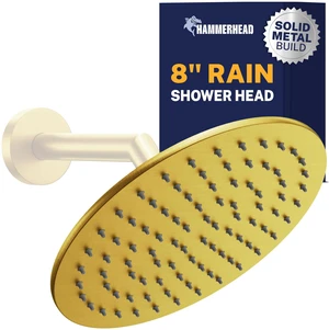 Solid Metal Round 8 Inch Rainfall Shower Head, High Flow Shower Head Optimized for Pressure, Brushed Gold, 2.5 GPM Solid Metal Round 8 Inch Rainfall Shower Head, High Flow Shower Head Optimized for Pressure, Brushed Gold, 2.5 GPM