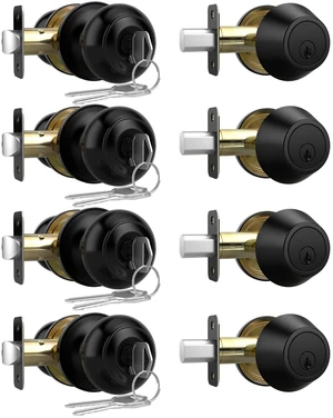 Exterior Door Knob with Lock, 4 Pack Keyed Entry Front Door Lock Set Keyed Alike Front Door Knob with Single Cylinder Deadbolt Lock Set, Matte Black Reversible Knob for Bedroom, Adjustable Latch Exterior Door Knob with Lock, 4 Pack Keyed Entry Front Door Lock Set Keyed Alike Front Door Knob with Single Cylinder Deadbolt Lock Set, Matte Black Reversible Knob for Bedroom, Adjustable Latch