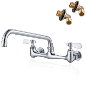 8" Center Wall Mount Commercial Kitchen Sink Faucet 10" Swivel Spout 2 Hole Solid Brass 3 Compartment Sink Faucet, Ceramic Cartridg, 1.8 GPM Swivel Spout, 1/2" NPT, Includes 90 Degree Adapters 8" Center Wall Mount Commercial Kitchen Sink Faucet 10" Swivel Spout 2 Hole Solid Brass 3 Compartment Sink Faucet, Ceramic Cartridg, 1.8 GPM Swivel Spout, 1/2" NPT, Includes 90 Degree Adapters