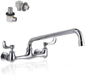 8" Center Wall Mount Commercial Sink Faucet with 12" Swivel Spout Brass 3 Compartment Sink Faucet with Wrist Blade Handle, 1.8 GPM Spout, 2 Hole Mount & Dual Handles, 1/2" NPT, Chrome Finish 8" Center Wall Mount Commercial Sink Faucet with 12" Swivel Spout Brass 3 Compartment Sink Faucet with Wrist Blade Handle, 1.8 GPM Spout, 2 Hole Mount & Dual Handles, 1/2" NPT, Chrome Finish