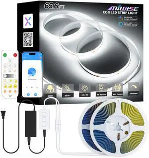 COB LED Strip Lights 65.6ft/20m,UL-Listed CRI 90+ Dimmable 6000K Daylight White Super Bright,with APP Control/RF Remote,Work with Alexa/Google,for Cabinet/Bedroom/Kitchen DIY Lighting Projects COB LED Strip Lights 65.6ft/20m,UL-Listed CRI 90+ Dimmable 6000K Daylight White Super Bright,with APP Control/RF Remote,Work with Alexa/Google,for Cabinet/Bedroom/Kitchen DIY Lighting Projects