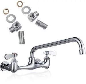 8" Center Wall Mount Commercial Kitchen Sink Faucet with 10" Spout Brass Construction with Chrome Finish, 1.8 GPM Stainless Swivel Spout, Leak-Free Washerless Ceramic Cartridge Valve, 1/2" NPT 8" Center Wall Mount Commercial Kitchen Sink Faucet with 10" Spout Brass Construction with Chrome Finish, 1.8 GPM Stainless Swivel Spout, Leak-Free Washerless Ceramic Cartridge Valve, 1/2" NPT