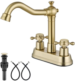 4 Inch Centerset Bathroom Sink Faucet 2 Handle Brushed Gold Swivel Spout,Pop Up Drain,cUPC Hose,for 2 or 3 Hole Sink,Lavatory,Vintage,Farmhouse,RV,SUS304 Mixer Tap,Metal Cross Handle 4 Inch Centerset Bathroom Sink Faucet 2 Handle Brushed Gold Swivel Spout,Pop Up Drain,cUPC Hose,for 2 or 3 Hole Sink,Lavatory,Vintage,Farmhouse,RV,SUS304 Mixer Tap,Metal Cross Handle