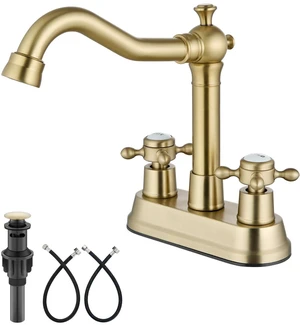 4 Inch Centerset Bathroom Sink Faucet 2 H&C Handle Brushed Gold Swivel Spout,Hot&Cold Label Cross Handle,Pop Up Drain,cUPC Hose,SUS304,for 2 or 3 Hole Sink,Lavatory,Vintage,Farmhouse,RV 4 Inch Centerset Bathroom Sink Faucet 2 H&C Handle Brushed Gold Swivel Spout,Hot&Cold Label Cross Handle,Pop Up Drain,cUPC Hose,SUS304,for 2 or 3 Hole Sink,Lavatory,Vintage,Farmhouse,RV