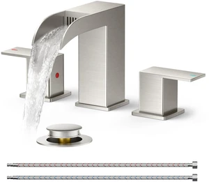 Bathroom Faucet 3 Hole 8 Inch Widespread Vanity Sink Brushed Nickel Square Waterfall Bathroom Sink Faucet Two Handles with Pop-up Drain, Lead-Free, for RV Vanity Lavatory and Restroom Basin Bathroom Faucet 3 Hole 8 Inch Widespread Vanity Sink Brushed Nickel Square Waterfall Bathroom Sink Faucet Two Handles with Pop-up Drain, Lead-Free, for RV Vanity Lavatory and Restroom Basin