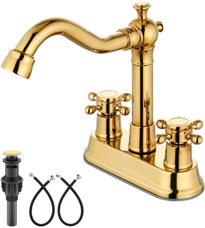 4 Inch Centerset Bathroom Sink Faucet 2 Handle Polish Gold Swivel Spout,Pop Up Drain,cUPC Hose,for 2 or 3 Hole Sink,Lavatory,Vintage,Farmhouse,RV,SUS304 Mixer Tap,Metal Cross Handle 4 Inch Centerset Bathroom Sink Faucet 2 Handle Polish Gold Swivel Spout,Pop Up Drain,cUPC Hose,for 2 or 3 Hole Sink,Lavatory,Vintage,Farmhouse,RV,SUS304 Mixer Tap,Metal Cross Handle