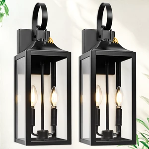 19" Black Dusk to Dawn Outdoor Light Fixture, Large Outdoor Lantern 2-Light Modern Outdoor Wall Lights Waterproof Exterior Sconce Lights, Farmhouse Porch Light with Clear Tempered Glass, E12, 2-Pack 19" Black Dusk to Dawn Outdoor Light Fixture, Large Outdoor Lantern 2-Light Modern Outdoor Wall Lights Waterproof Exterior Sconce Lights, Farmhouse Porch Light with Clear Tempered Glass, E12, 2-Pack