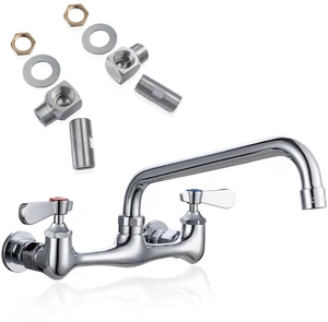 8" Center Wall Mount Commercial Kitchen Sink Faucet with 8" Spout Brass Construction with Chrome Finish, 1.8 GPM Stainless Swivel Spout, Leak-Free Washerless Ceramic Cartridge Valve, 1/2" NPT 8" Center Wall Mount Commercial Kitchen Sink Faucet with 8" Spout Brass Construction with Chrome Finish, 1.8 GPM Stainless Swivel Spout, Leak-Free Washerless Ceramic Cartridge Valve, 1/2" NPT