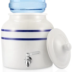 Ceramic Crock Water Dispenser, Striped Style, Blue, 1 Set Fits 3 to 5 Gallon Jug, Metal Spigot Tap, Decorative Design, Ideal for Home Kitchen Office Party Beverage Serving Station Ceramic Crock Water Dispenser, Striped Style, Blue, 1 Set Fits 3 to 5 Gallon Jug, Metal Spigot Tap, Decorative Design, Ideal for Home Kitchen Office Party Beverage Serving Station