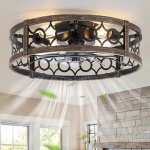 20 Inch Caged Flush Mount Ceiling Fans with Lights, Black Gold Low Profile, Farmhouse, Bladeless Enclosed Fandelier, Small, 6 Speed, Quiet Reversible DC, Bedroom, Kitchen, Living Room 20 Inch Caged Flush Mount Ceiling Fans with Lights, Black Gold Low Profile, Farmhouse, Bladeless Enclosed Fandelier, Small, 6 Speed, Quiet Reversible DC, Bedroom, Kitchen, Living Room