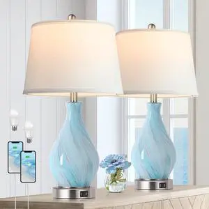 Modern Accent Table Lamp Set of 2 Touch Control, 22" Faded Swirl Blue Gray Art Glass Bedside Lamp with USB Ports, 3-Way Dimmable Hand Crafted Nightstand Lamps White Drum Shade for Living Room Bedroom Modern Accent Table Lamp Set of 2 Touch Control, 22" Faded Swirl Blue Gray Art Glass Bedside Lamp with USB Ports, 3-Way Dimmable Hand Crafted Nightstand Lamps White Drum Shade for Living Room Bedroom