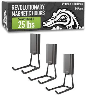 MIDI 4 in Black Open Hooks, 25 lb Magnetic Hooks 3 Pack Patented Easy-Release, Non-Slip Grip. Works on toolboxes, garage, steel cabinets, workbenches, utility vans & lockers MIDI 4 in Black Open Hooks, 25 lb Magnetic Hooks 3 Pack Patented Easy-Release, Non-Slip Grip. Works on toolboxes, garage, steel cabinets, workbenches, utility vans & lockers