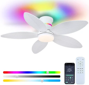 Tropical Palm Leaf RGB Ceiling Fans with Lights 46, White Flush Mount Ceiling Fan with Light and Remote, 3CCT Dimmable LED&&Side RGB Light, Reversible 6 Speeds, Quite Low Profile Ceiling Fan Party Tropical Palm Leaf RGB Ceiling Fans with Lights 46, White Flush Mount Ceiling Fan with Light and Remote, 3CCT Dimmable LED&&Side RGB Light, Reversible 6 Speeds, Quite Low Profile Ceiling Fan Party