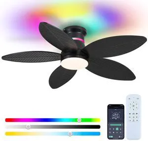 Tropical Palm Leaf RGB Ceiling Fans with Lights 46, Black Flush Mount Ceiling Fan with Light and Remote, 3CCT Dimmable LED&&Side RGB Light, Reversible 6 Speeds, Quite Low Profile Ceiling Fan Party Tropical Palm Leaf RGB Ceiling Fans with Lights 46, Black Flush Mount Ceiling Fan with Light and Remote, 3CCT Dimmable LED&&Side RGB Light, Reversible 6 Speeds, Quite Low Profile Ceiling Fan Party