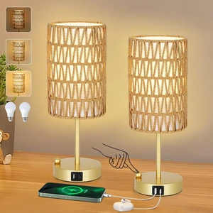 Gold Bedside Lamps Set of 2, Touch Control Night Stand Lamp for Bedroom with Rattan & Linen Shade & Bulbs, 3 Way Dimmable Small Boho Table Lamps with USB Charging Port & Phone Stand Gold Bedside Lamps Set of 2, Touch Control Night Stand Lamp for Bedroom with Rattan & Linen Shade & Bulbs, 3 Way Dimmable Small Boho Table Lamps with USB Charging Port & Phone Stand