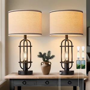 22.3 Farmhouse Table Lamps for Living Room Set of 2, Black Industrial Bedroom Lamps for Nightstands, End Table, Entryway, Dual Button Switch, USB A+C Ports, Bulbs Included 22.3 Farmhouse Table Lamps for Living Room Set of 2, Black Industrial Bedroom Lamps for Nightstands, End Table, Entryway, Dual Button Switch, USB A+C Ports, Bulbs Included