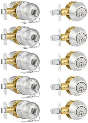 5 Pack Entry Door Lock and Single Cylinder Deadbolt Combo Set, Keyed Alike Satin Nickel Exterior Door Knobs with Lock&Keys, Round Ball Door Locksets with Deadbolt for Entrance and Front Door 5 Pack Entry Door Lock and Single Cylinder Deadbolt Combo Set, Keyed Alike Satin Nickel Exterior Door Knobs with Lock&Keys, Round Ball Door Locksets with Deadbolt for Entrance and Front Door